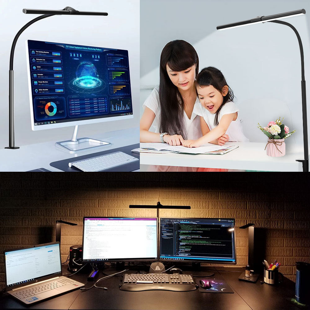 Lampe de table LED avec pince bureau bureau ordinateur USB double tête bureau protection des yeux