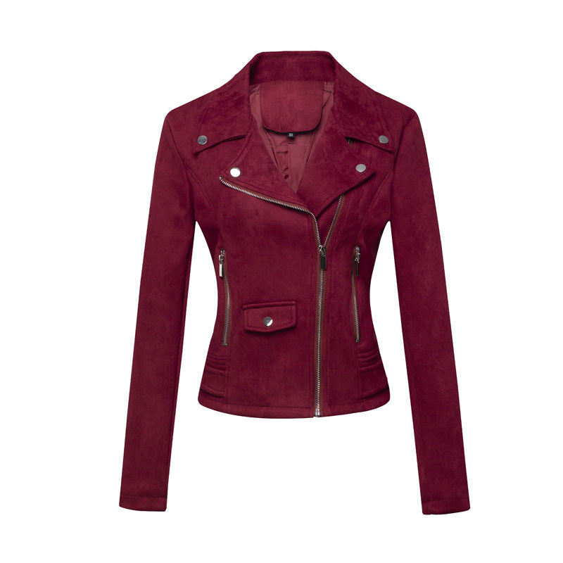 Veste en cuir pour femmes style court Slim-Fit Suede Veste en cuir Velours pour la navette