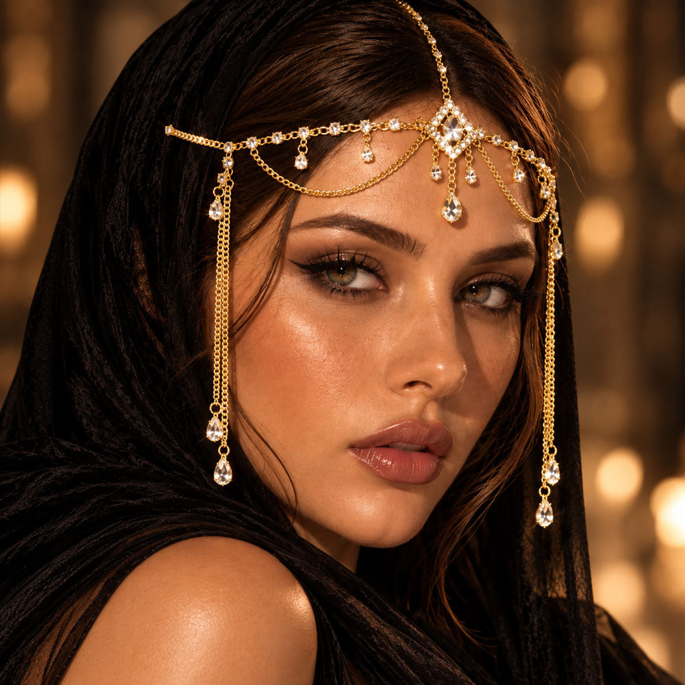 Chaîne de cheveux Teardrop Tassel en cristal complet, mode européenne et américaine