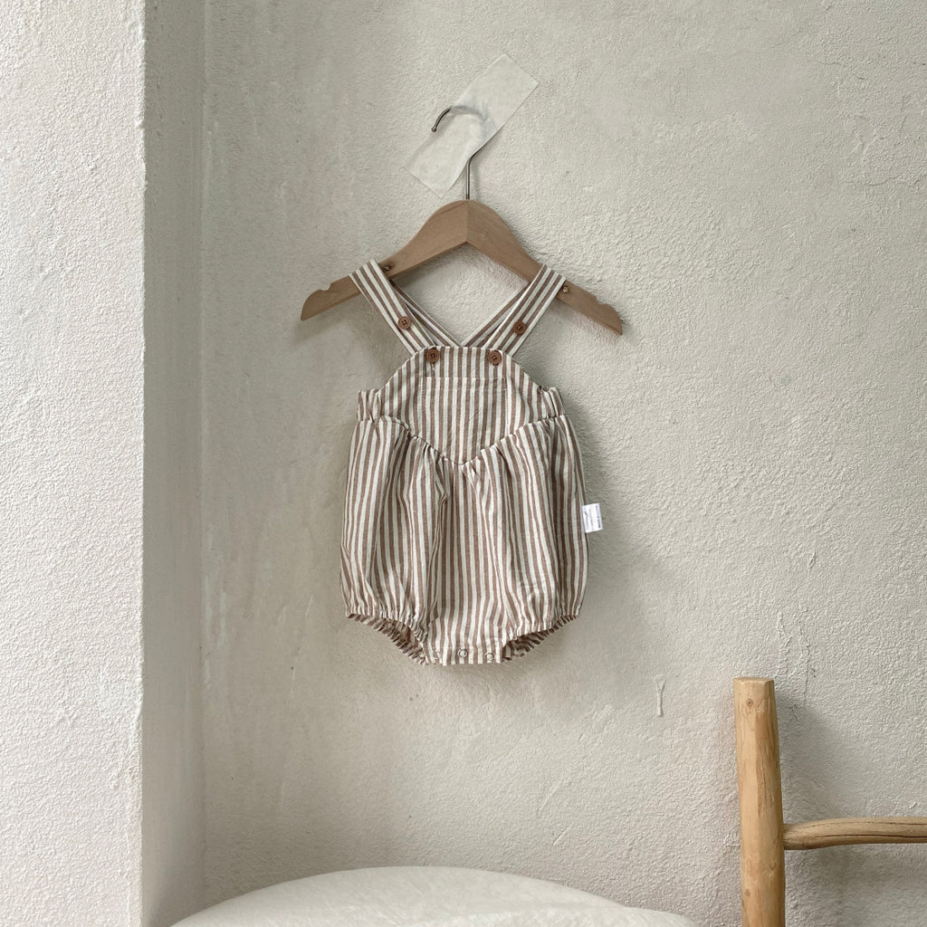 Unisex short-sleeved striped rompers with suspenders for summer