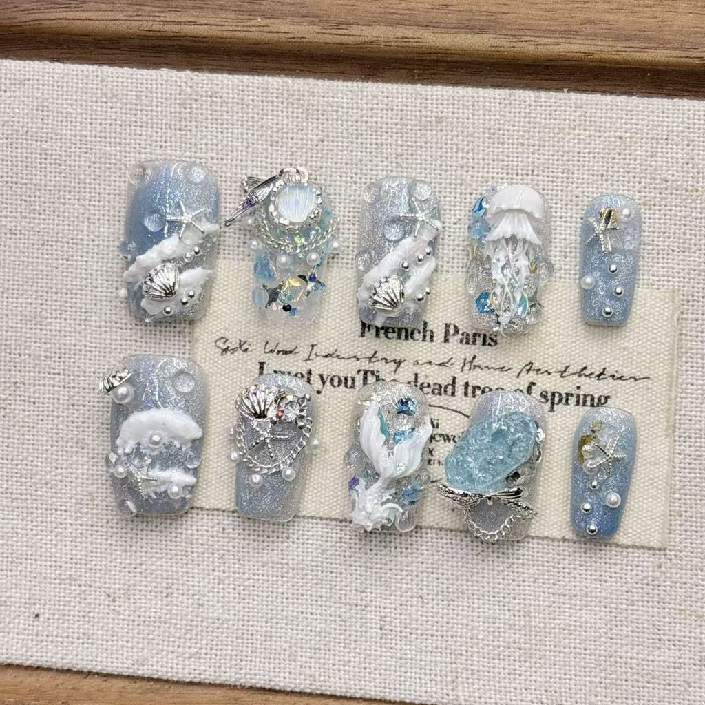 Blue Ocean Mermaid Tail False Nail Tips