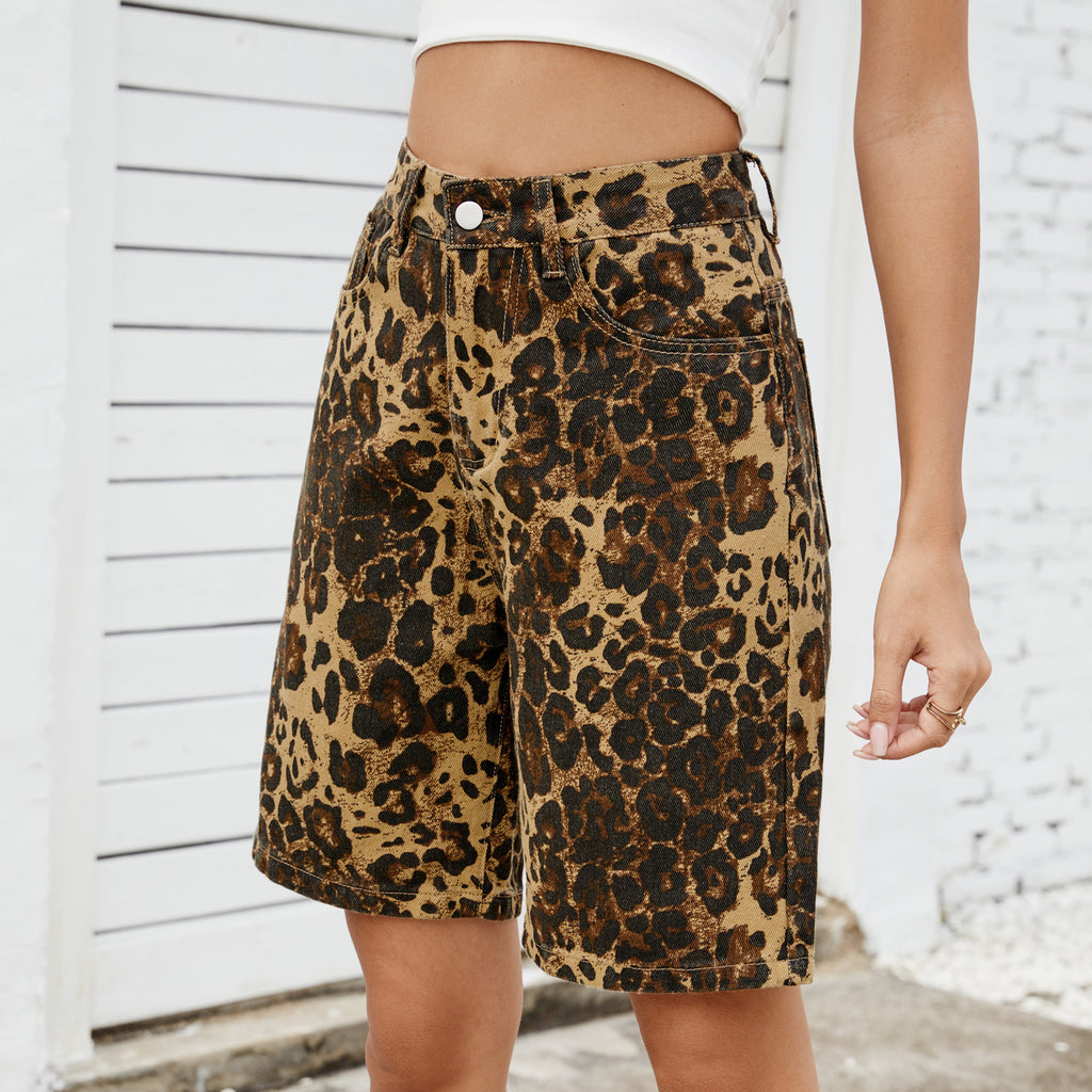 Été Lavé Casual Retro Léopard-Imprimé Slimming Denim Shorts