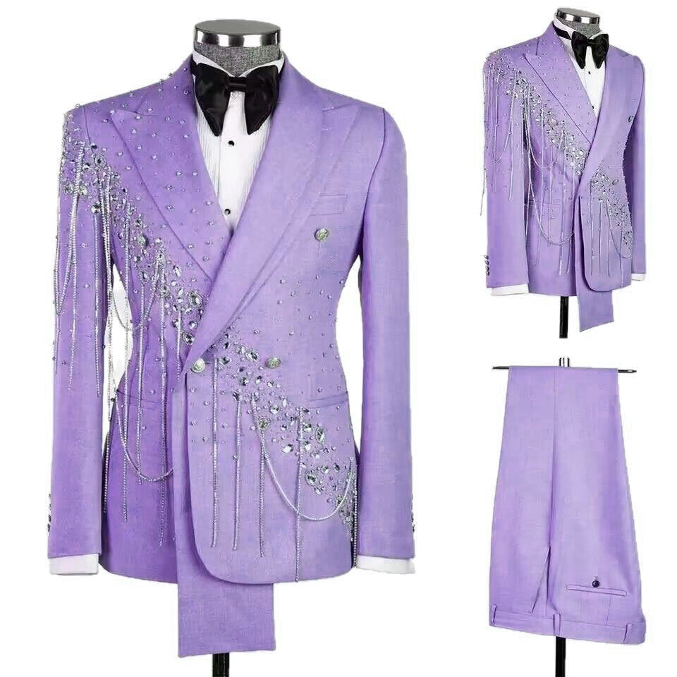 Peak Lapel Strass Tassel Embellished Double Breasted Tuxedo Ensemble à deux pièces