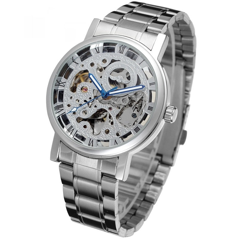 Lauréat Round Hollow Transparent Montre en acier mécanique