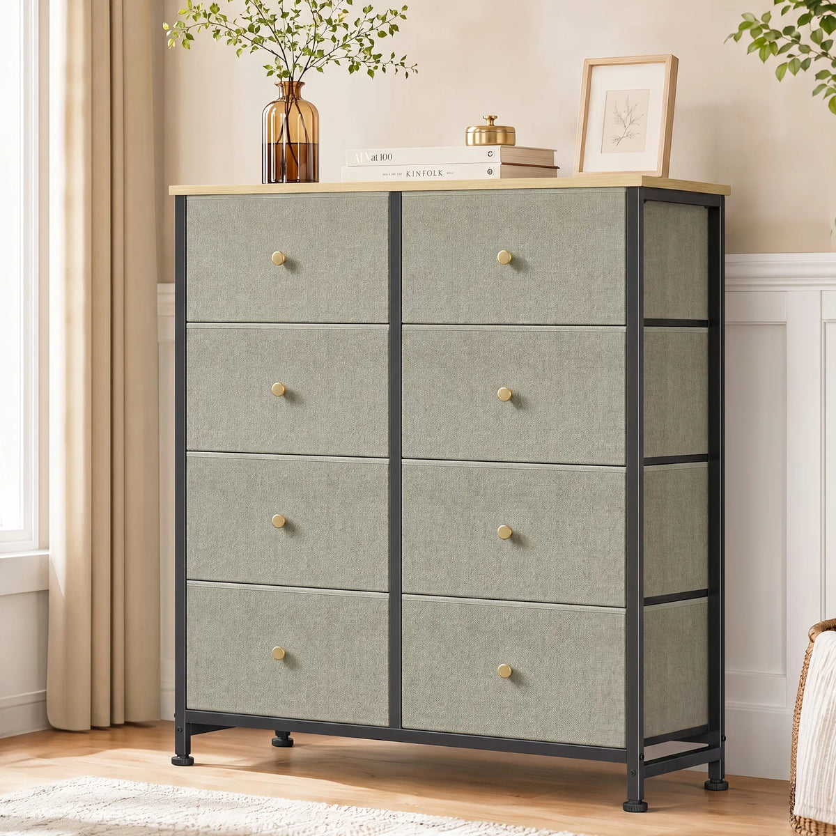 Dressing en tissu 8 tiroirs avec plateau en bois massif