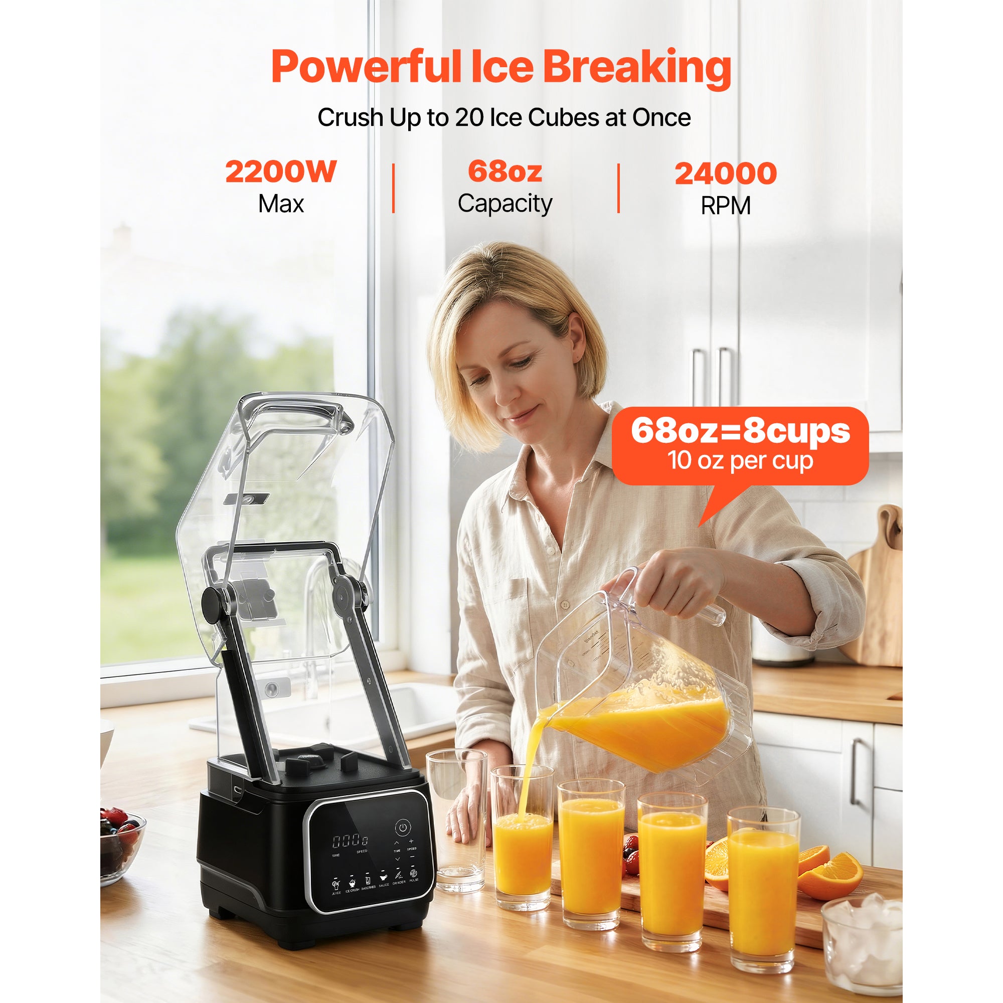 Blender, 68 Oz Mélangeurs de comptoir professionnels avec bouclier, 2200W 26000RPM Cuisine alimentaire P