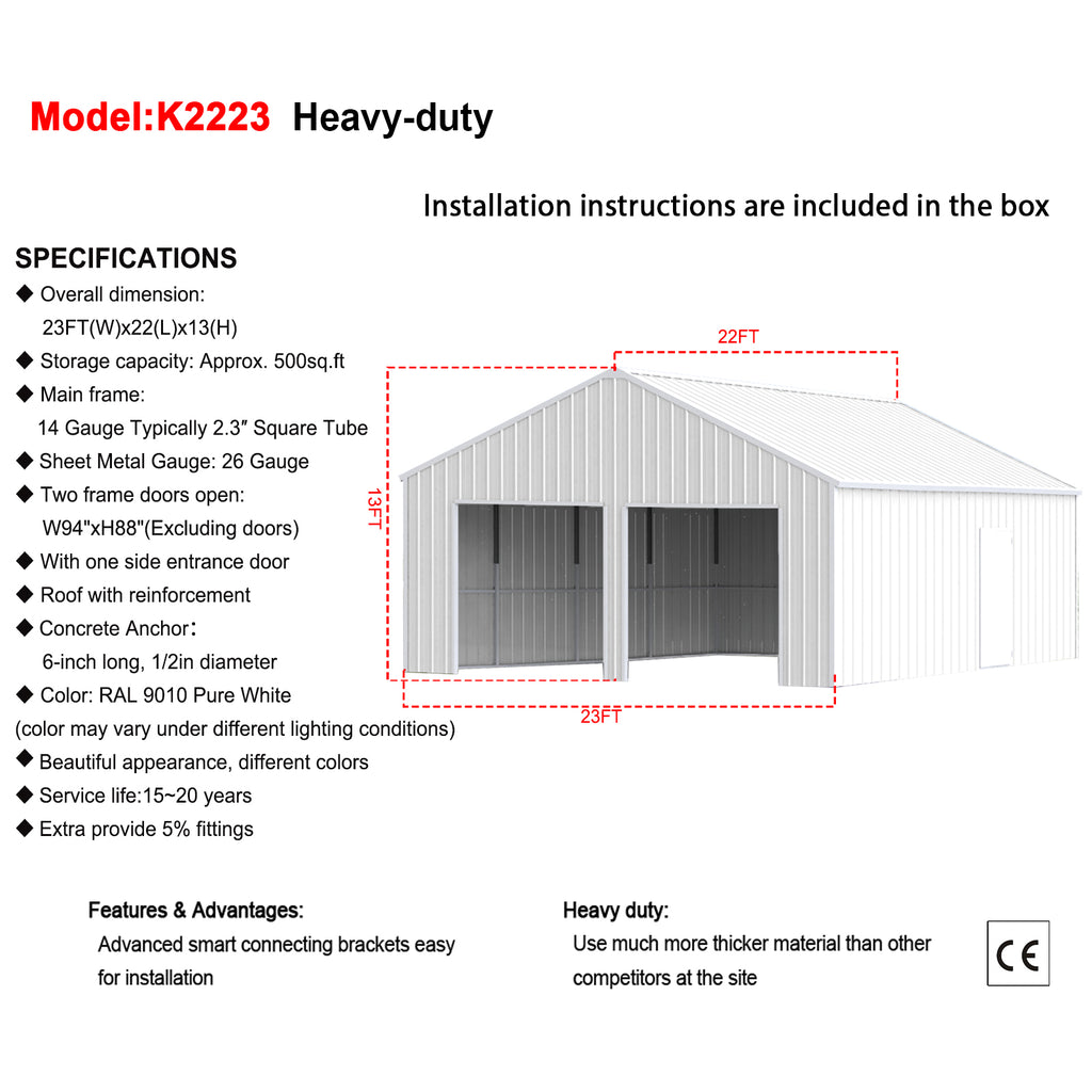 22FT x 23 FT Garage double étagère en acier Shed – Crème de stockage de garage en métal lourd -