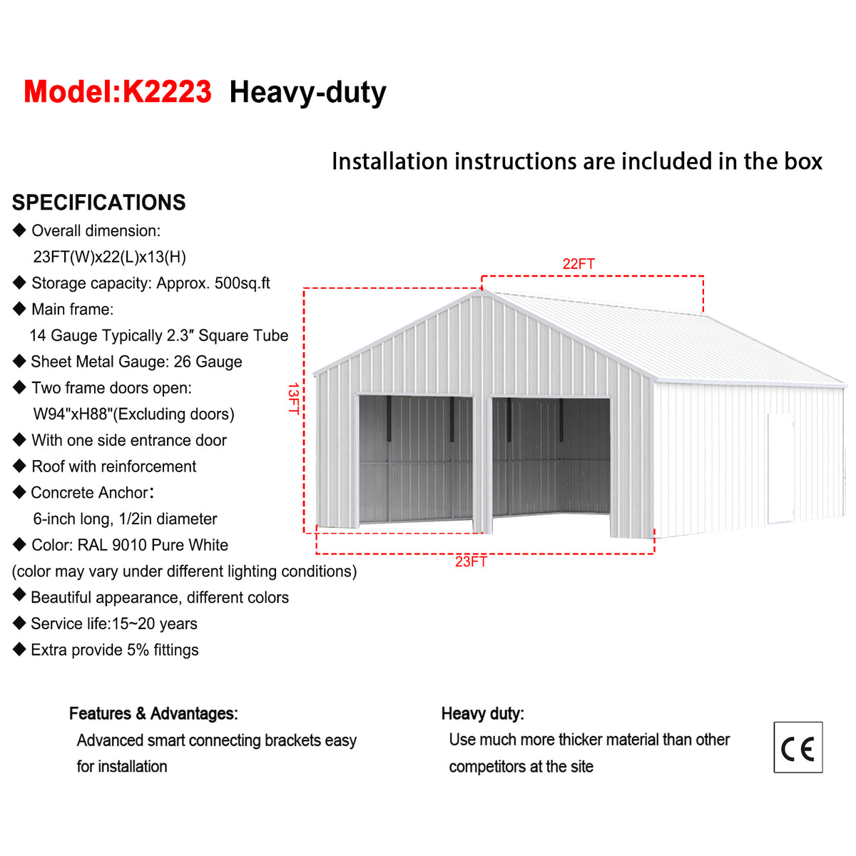 22FT x 23FT Double Garage Steel Shelf Shed – Heavy Duty Metal Garage Storage Cream -