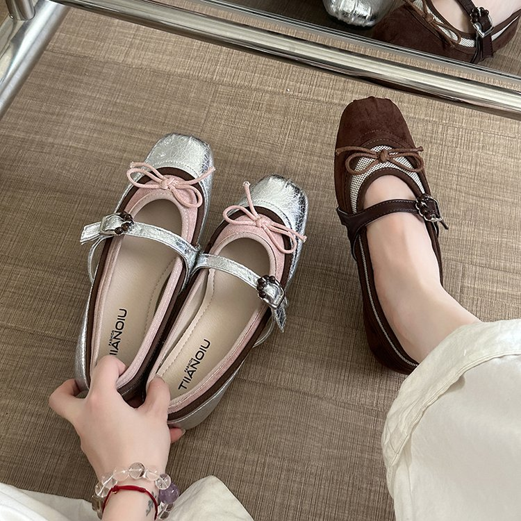 Argent Bow Mary Jane Appartements Femmes Vintage Couleur Bloc Carré Toe Ballet Chaussures plates
