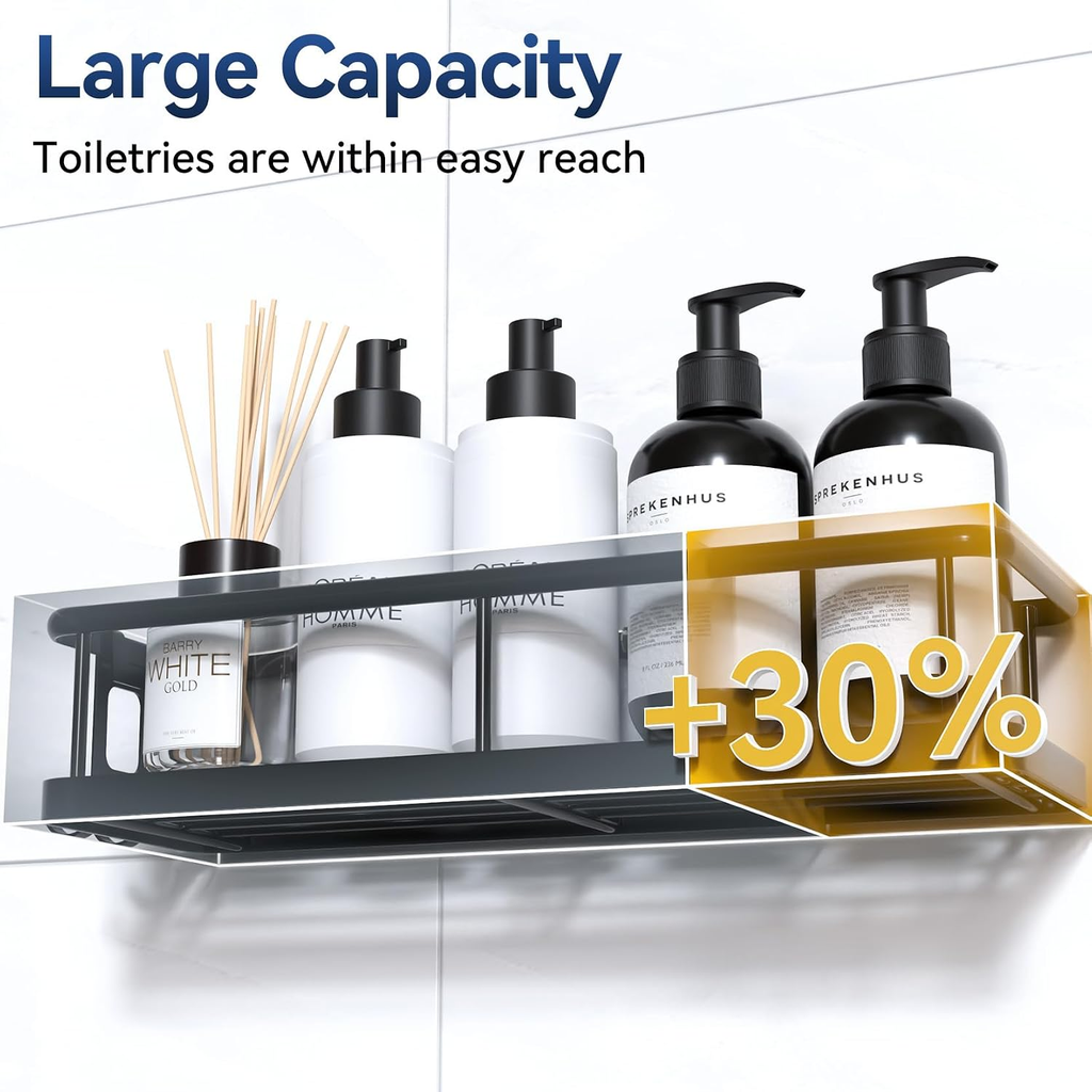 2 Pack noir douche adhésif Caddy Rustproof Grande capacité étagères de douche sans percement Bathro