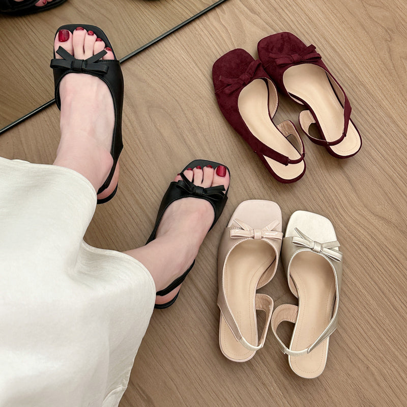 Femmes Gentle Ladylike Mini Satin Bow Slingback Sandales plates Matching Casual Daily