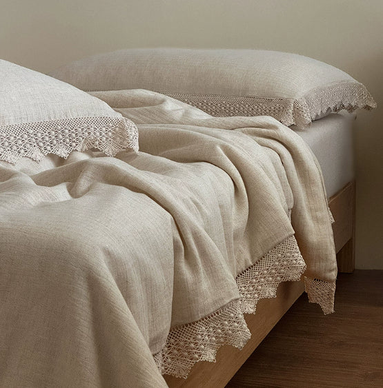 English Herringbone Jacquard Cotton Linen Double Bed Washable Summer Cooling Quilt with Lace