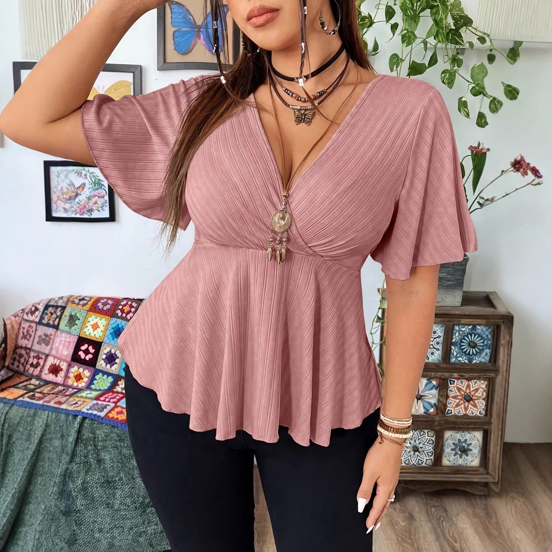 T-shirt à manches courtes à col V pour femme occasionnel