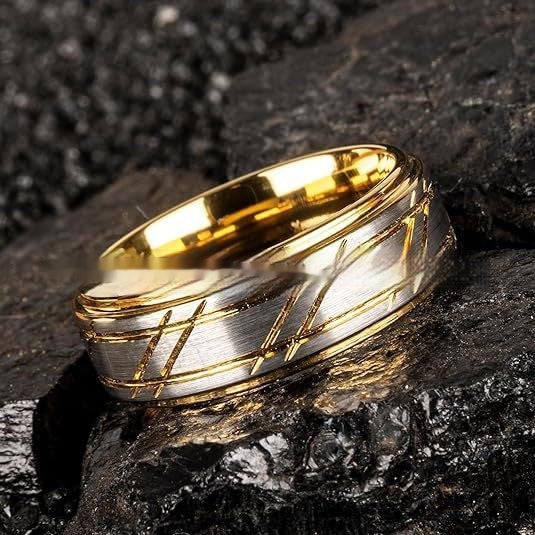 Men's Yellow Gold 8mm Simple Polished Twill Tungsten Ring