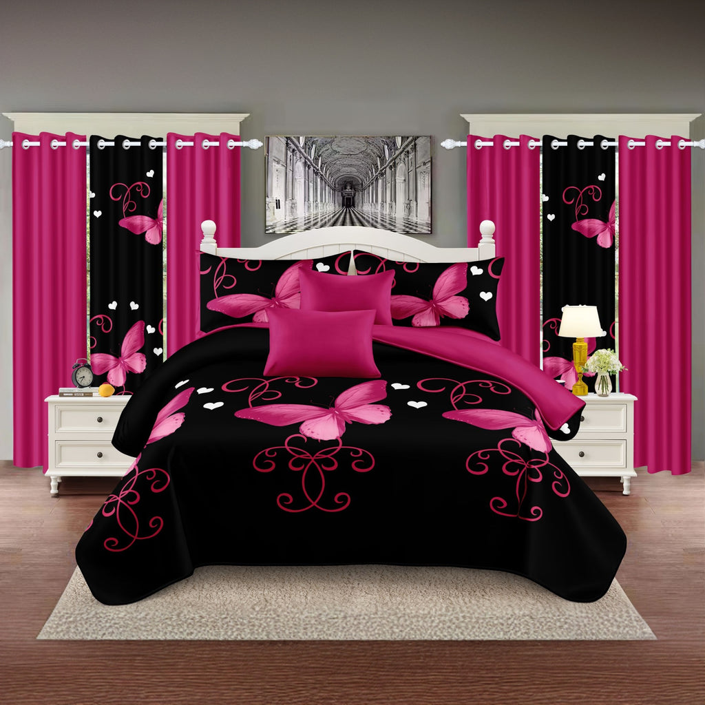 9-Piece violet et papillon noir couvre-lit et rideau