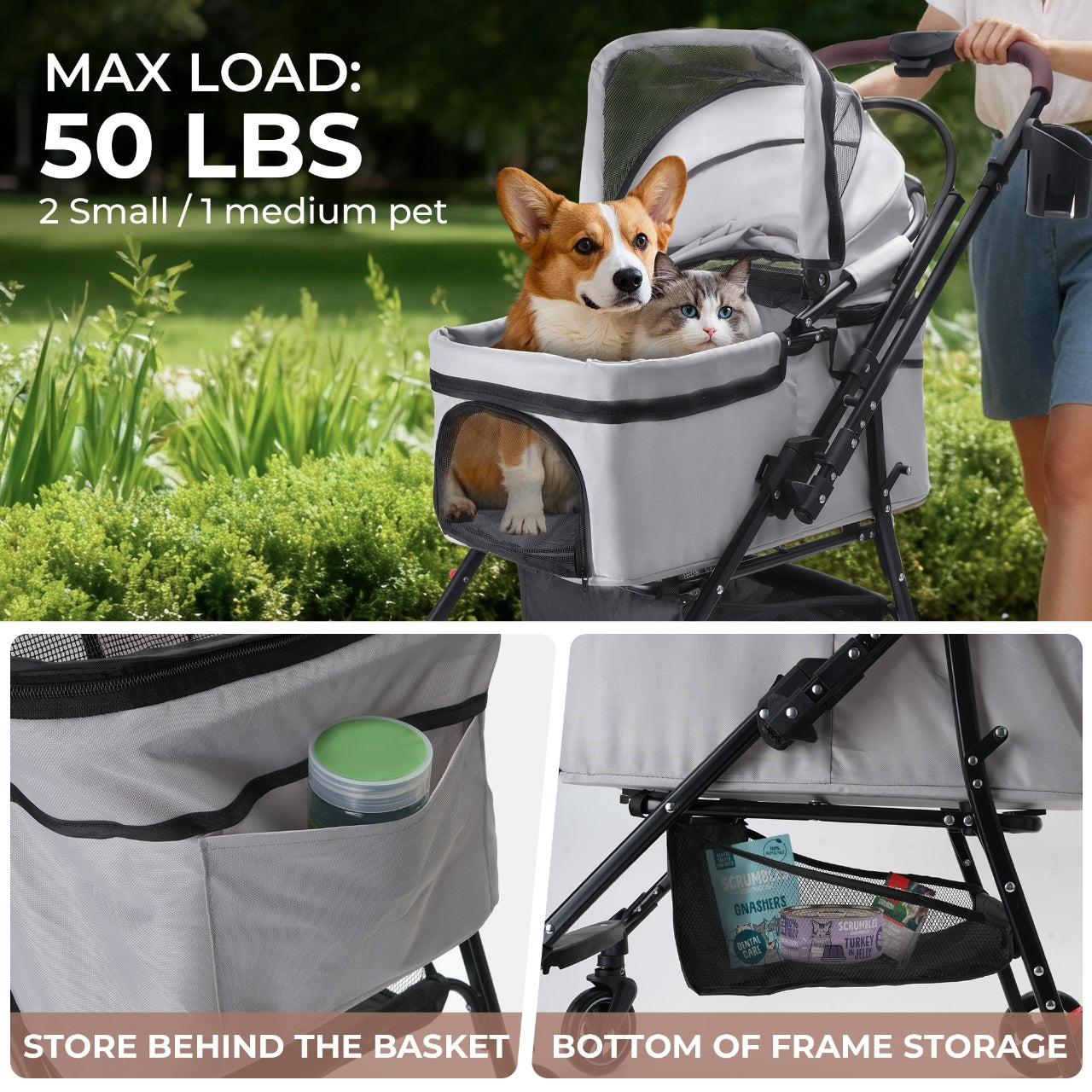 Poussette pliable 4 roues pour chiens et chats à 360°