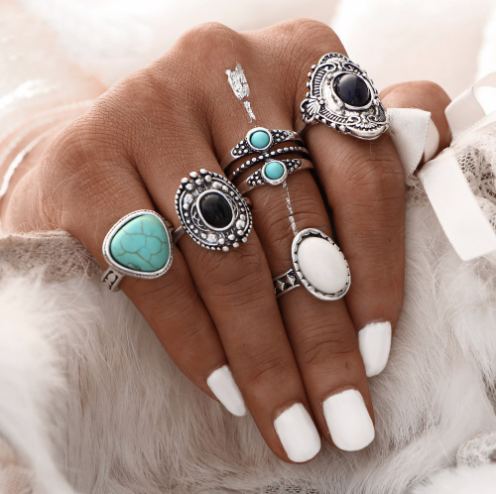 Bohemian Retro Ethnic Style Inclaid Black Gemstone Opal Turquoise Joint Anneau