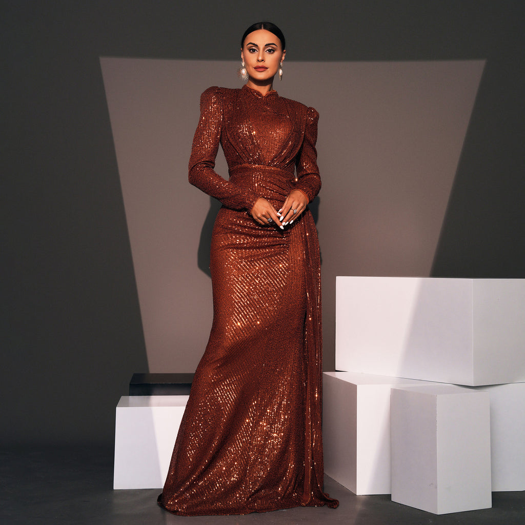 Manches longues Col rond Sexy Slim Robe de banquet longue pailletée