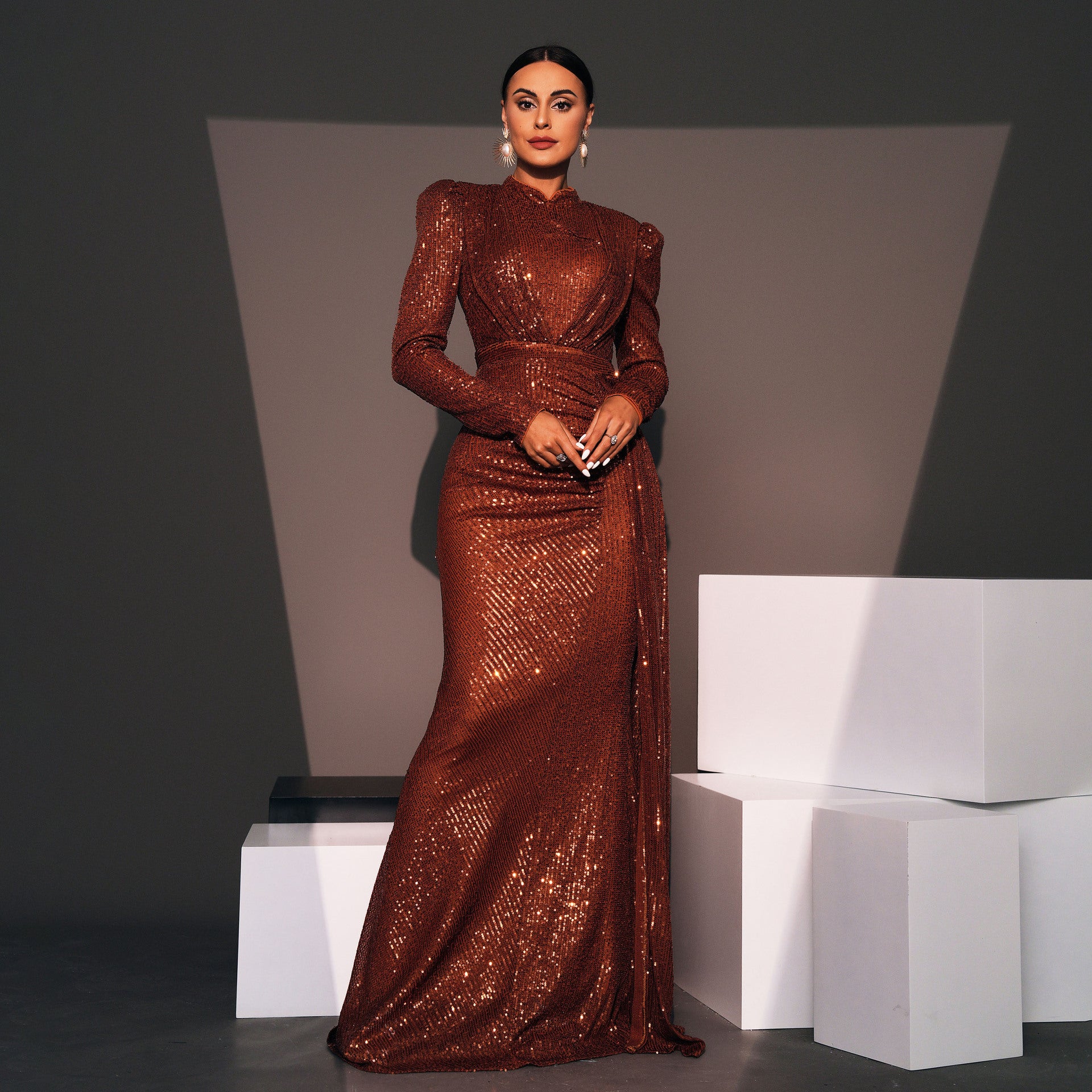 Manches longues Col rond Sexy Slim Robe de banquet longue pailletée
