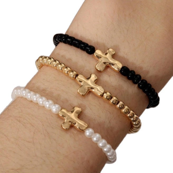 Style de plage Handmade Perle Stretch Cross and Heart Charm Bracelet Set