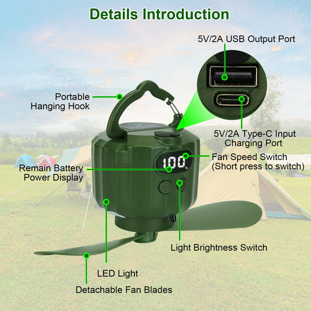 Eventail de camping 3-en-1 avec lanterne LED