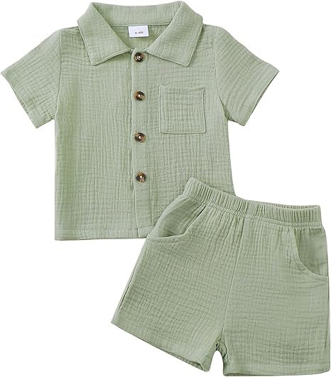 Bébé garçon coton-liné de couleur solide tissu texturé Collier à manches courtes supérieur élastique Wa