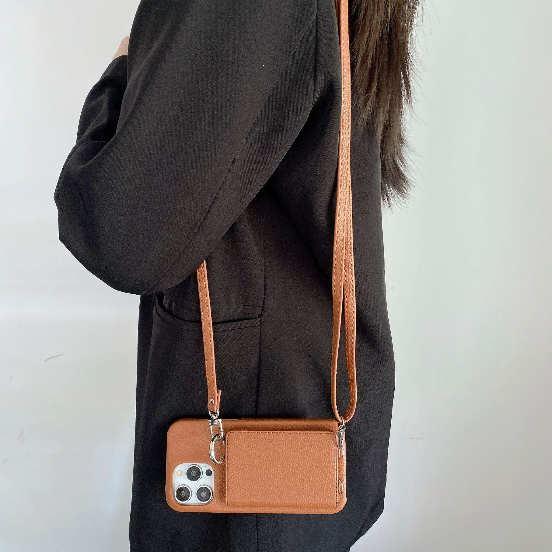 Motif Lychee Gauche et Droite Ouvert Miroir Beauté Étui de téléphone Lanyard