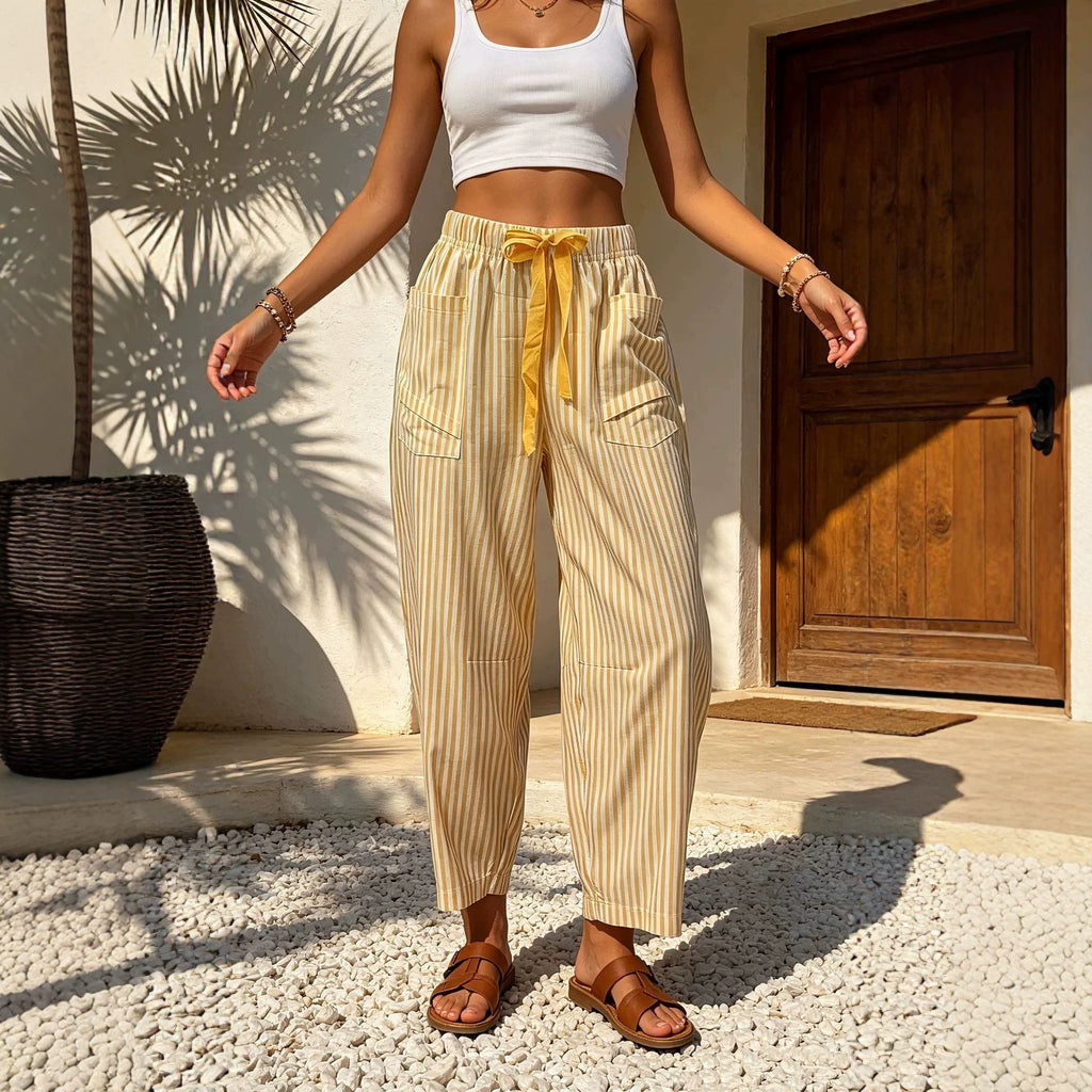 Pantalon pour femmes à poil élastique à imprimé rayé occasionnel