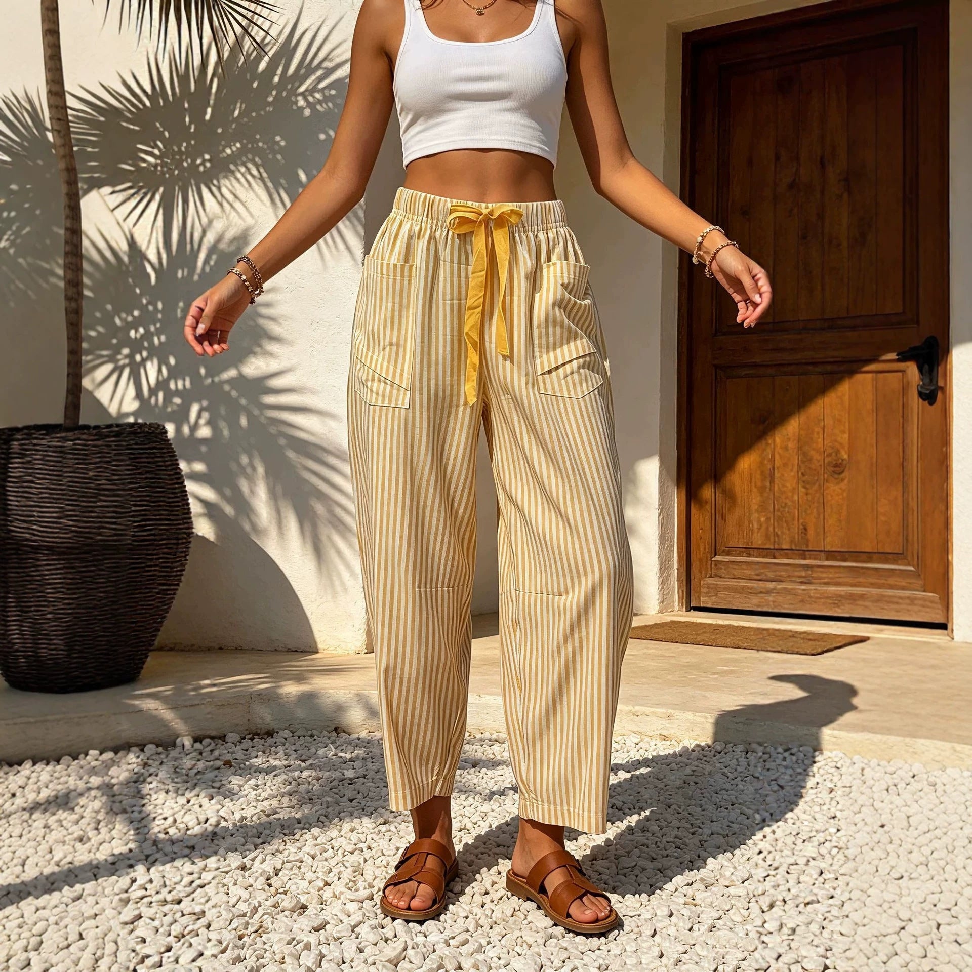 Pantalon pour femmes à poil élastique à imprimé rayé occasionnel