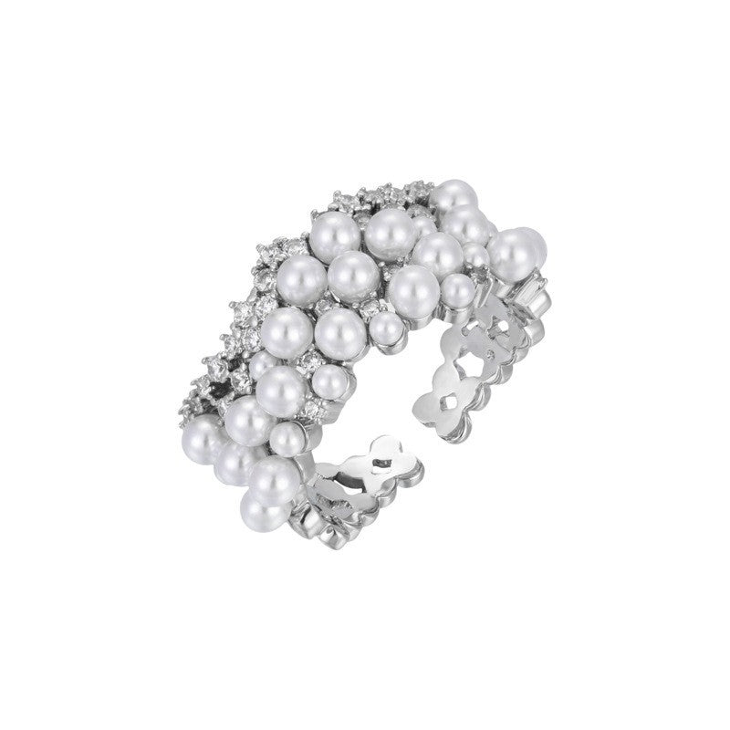 French Light Luxury Elegant Pearl Baby's Breath Bague Cuivre plaqué Real Gold Ajustable Op