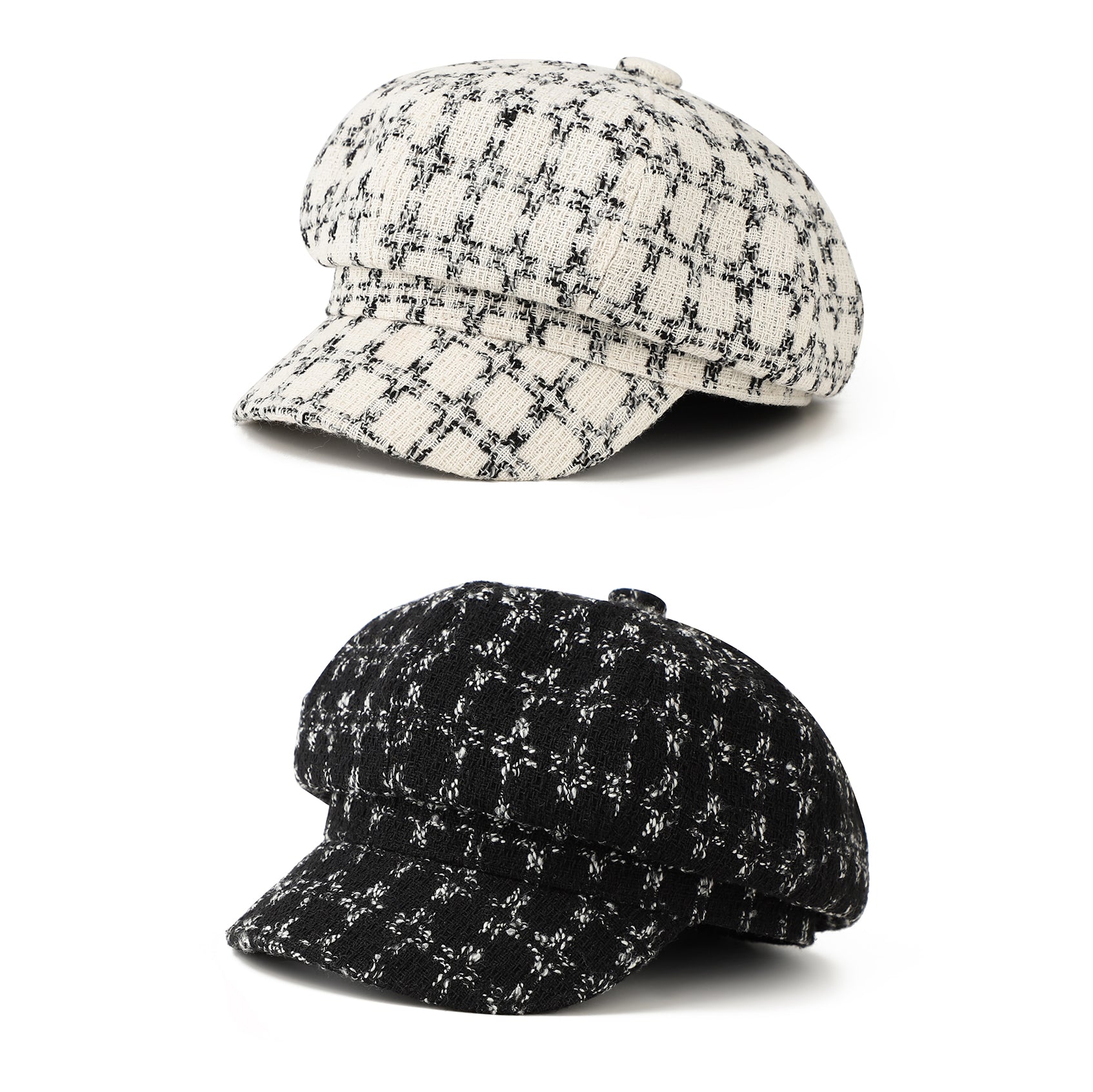 Patterned Tweed Octagonal Newsboy Cap avec un style rétro britannique
