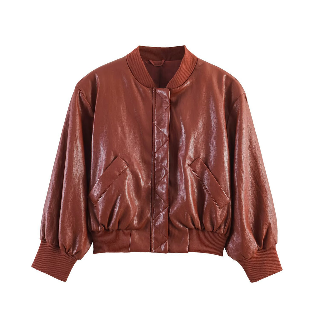Rust Faux Leather 3 Piece Set Bomber Jacket & Mini Bubble Skirt & Bermuda Shorts