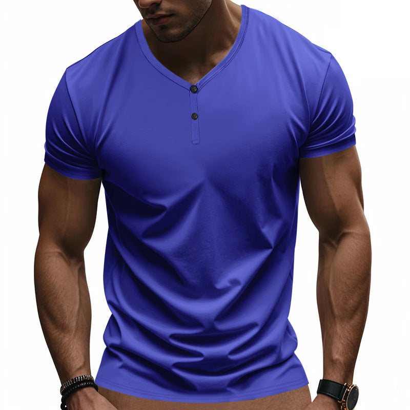 T-Shirt Henry-Neck Retro Loose Fit Stretchy Quick-Drying Breathable Short-Sleeved Summer S