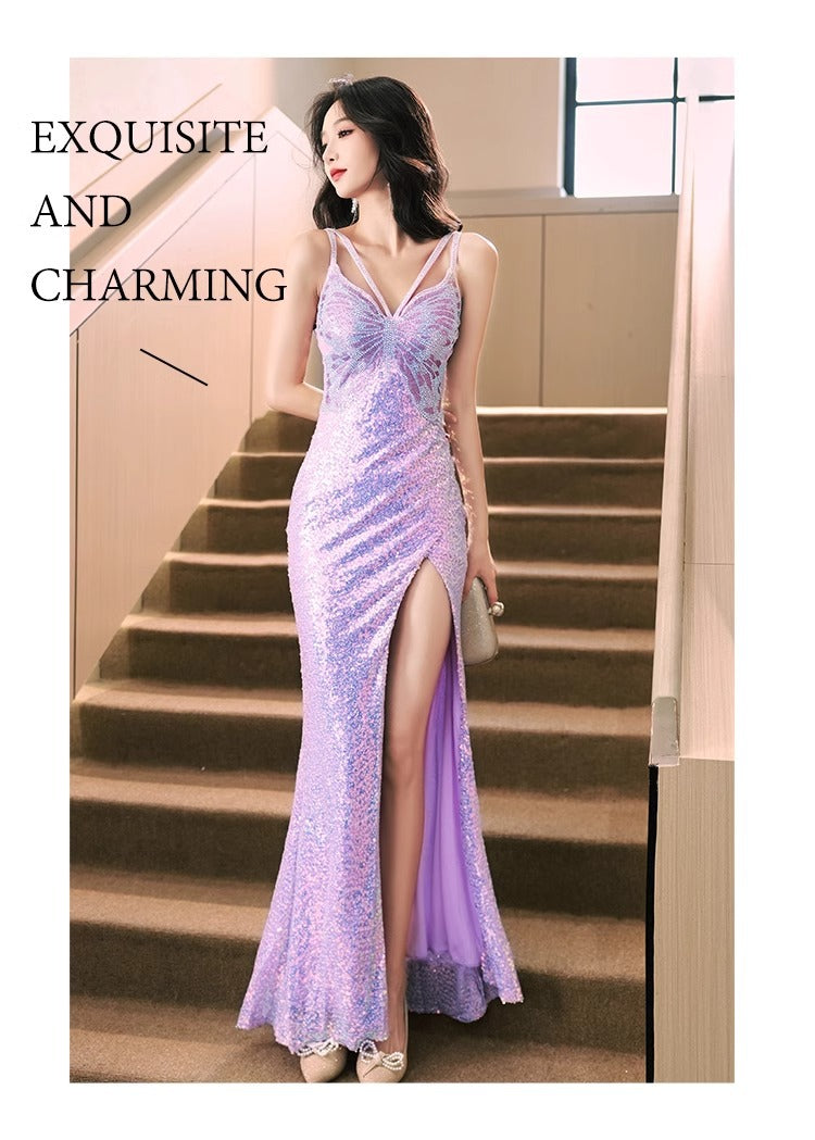 Robe de soirée pailletée Automne et hiver Violet Français Style Banquet haut de gamme