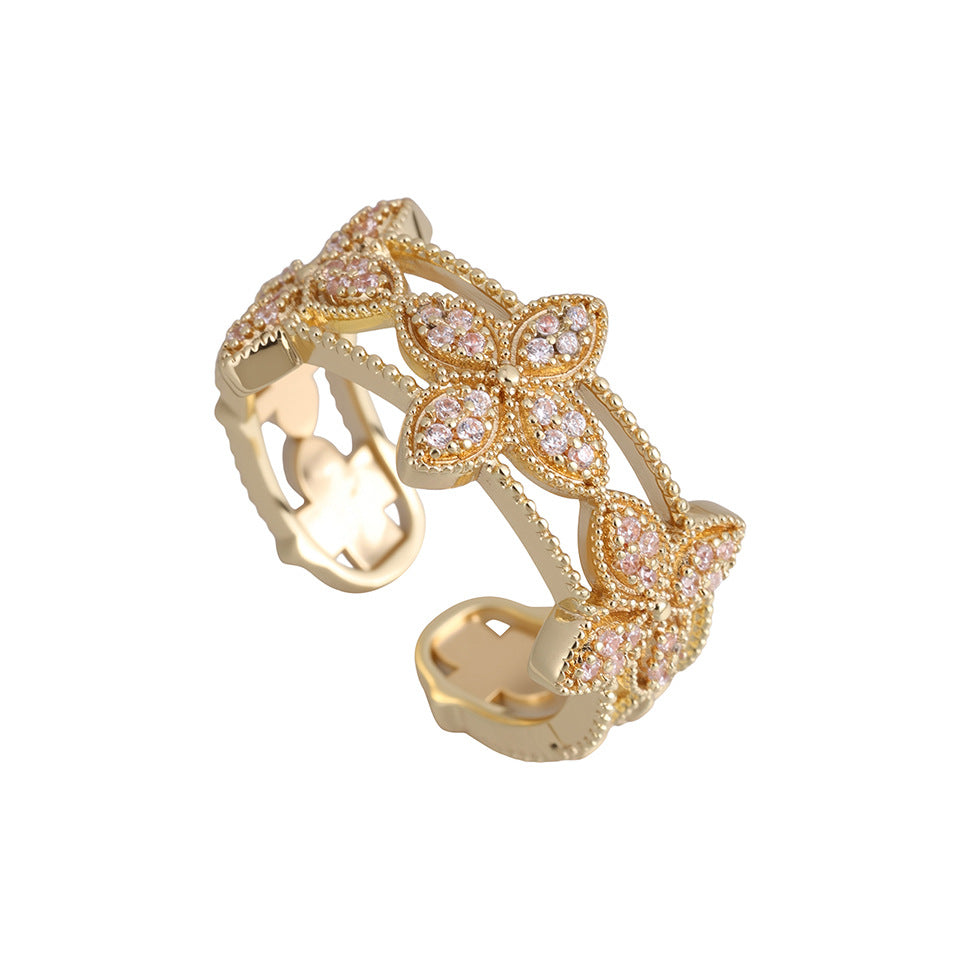 Femmes Double feuille Complet Pavé Cubic Zirconia Anneau réglable