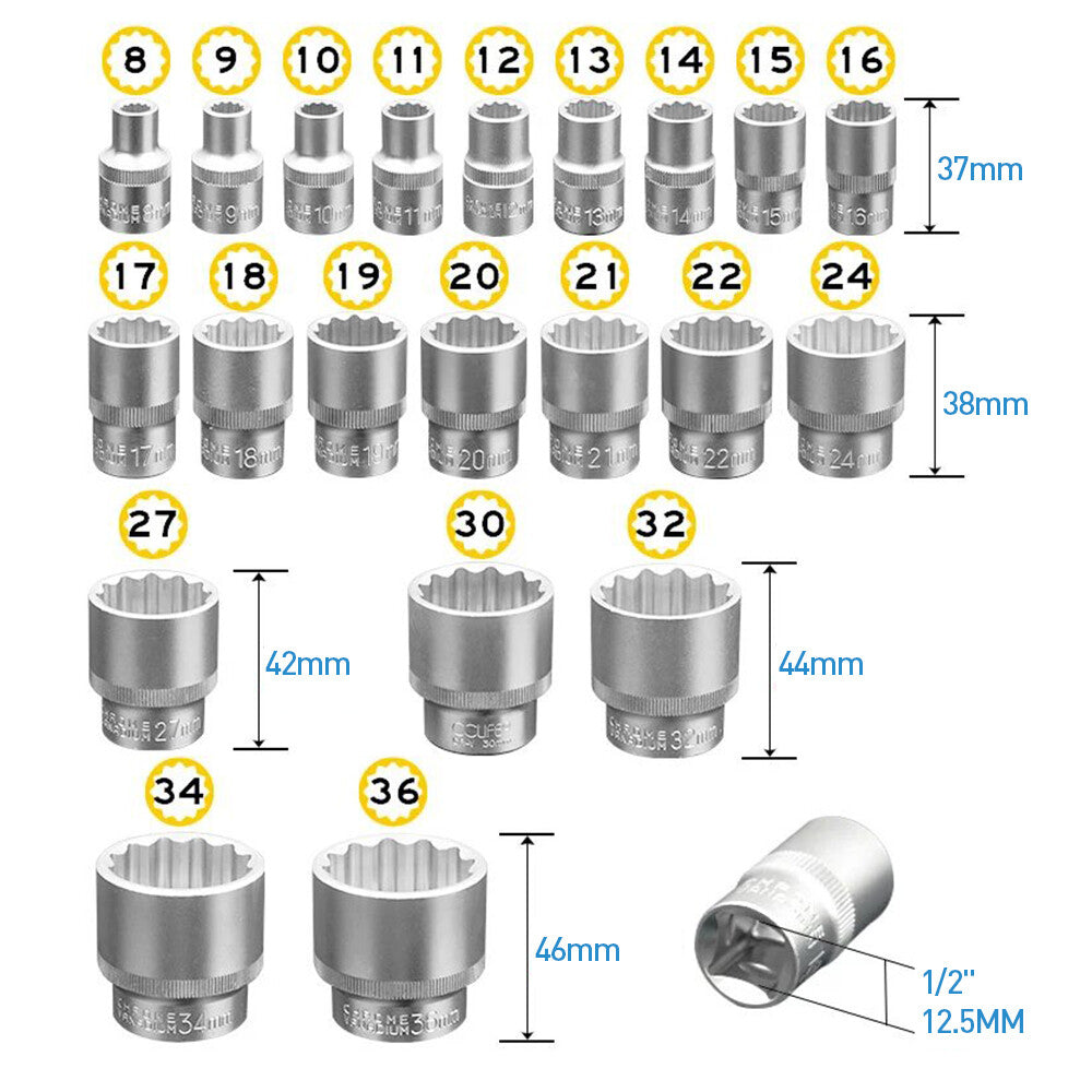 21 Pcs Multi-Tooth Set 12 Points de verrouillage de vitesse Spline Socket Set de clé 8-36mm
