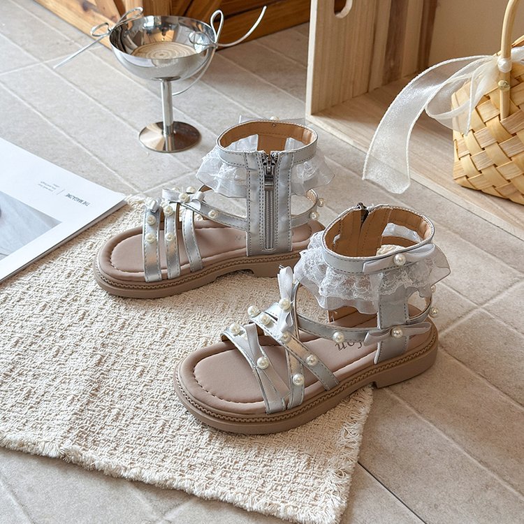 Sandales romaines pour enfants Summer Lace Pearl Bow Middle School Sandales filles Princesse Chaussures