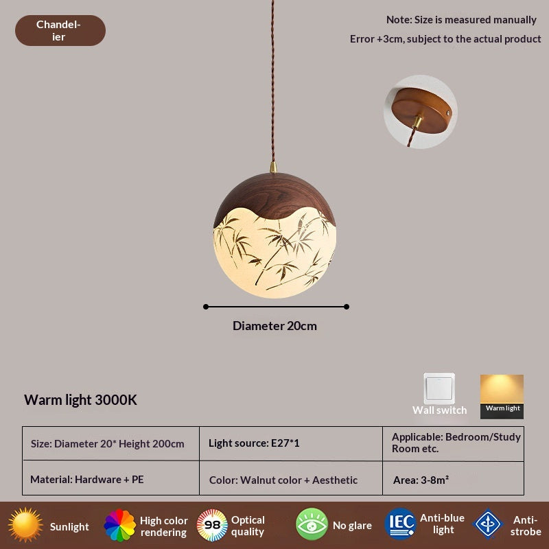 Lumière de pendentif de boule ronde moderne du milieu du siècle en noyer avec le design imprimé