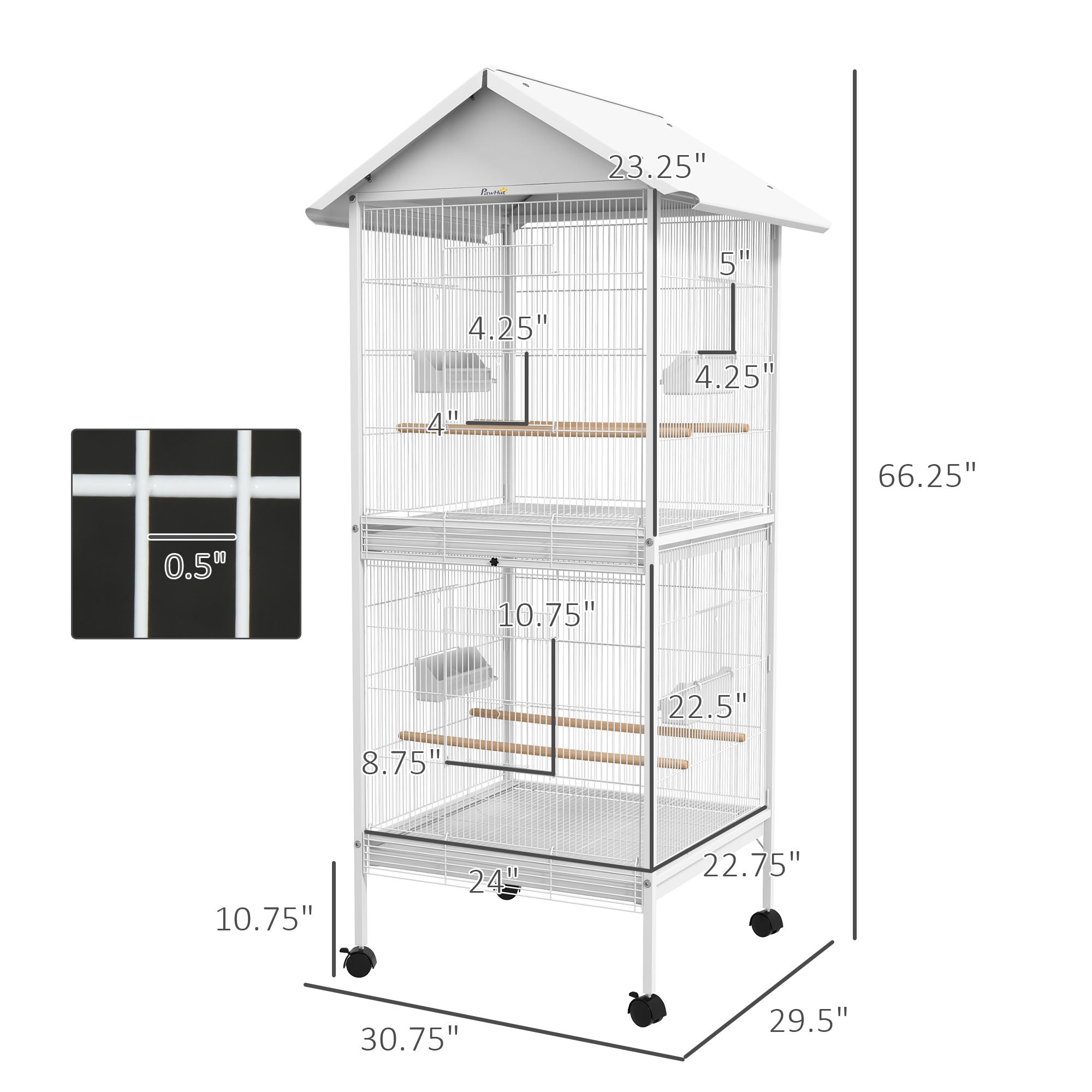 Fermoir de cage d'oiseau en métal brut avec perches de support roulant Conteneurs alimentaires Portes Roues 67"