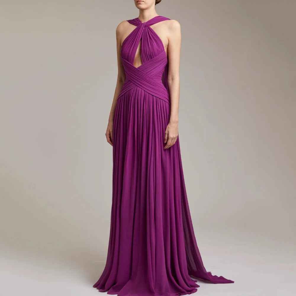 Twist Halter Keyhole Cross Rudched Chiffon Longueur du sol Robe de soirée Maxi