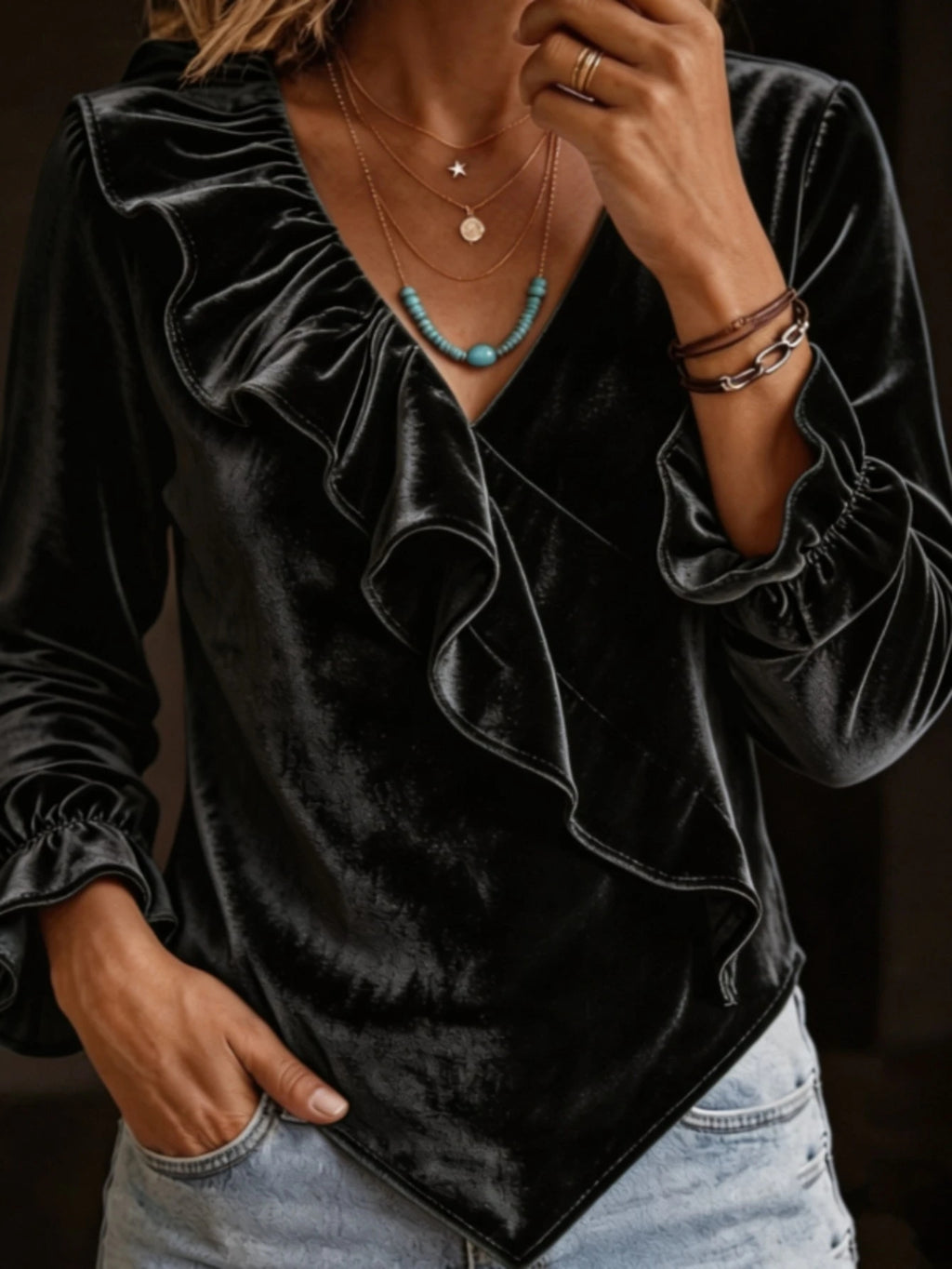 Femmes Velvet V-cou Rufflé Top