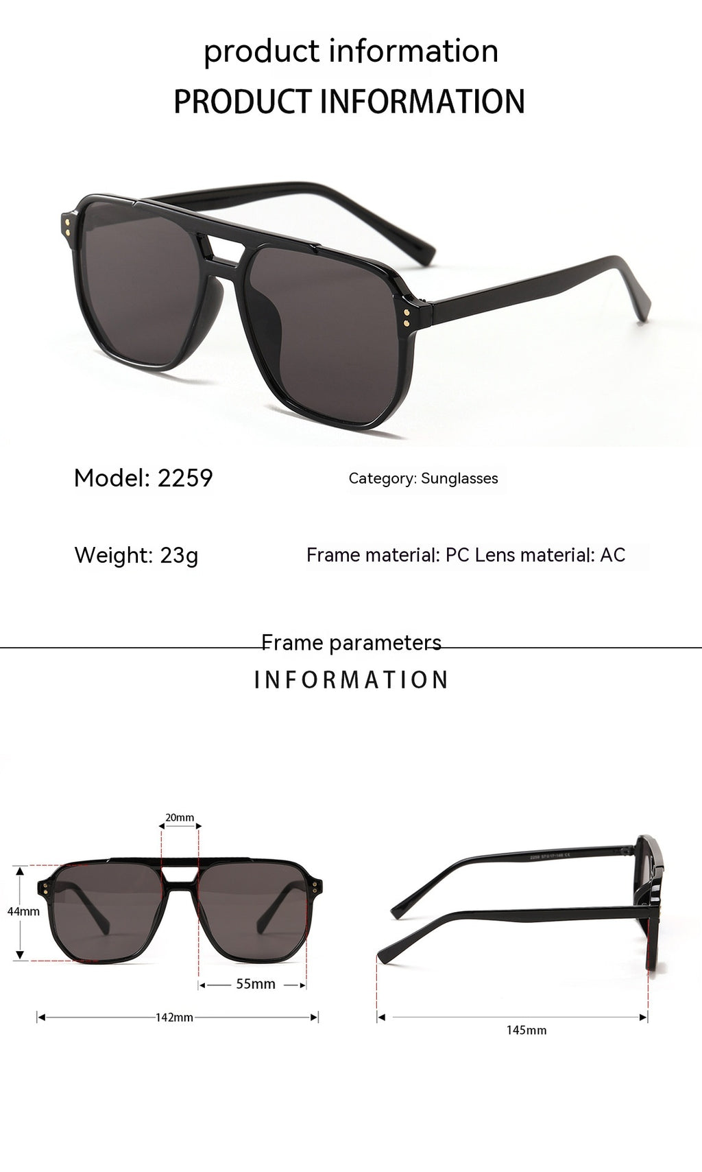 Lunettes de soleil carrées à double faisceau de mode pour femmes