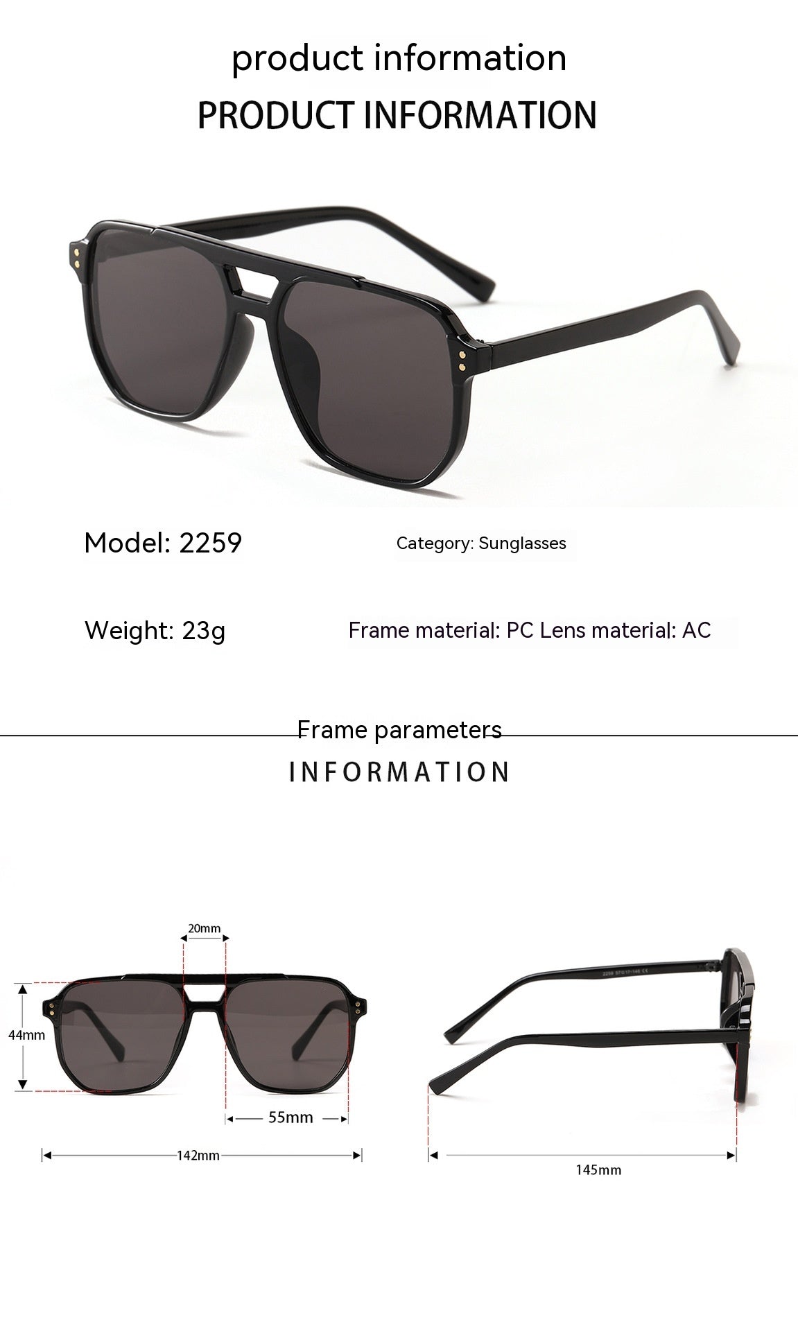 Lunettes de soleil carrées à double faisceau de mode pour femmes