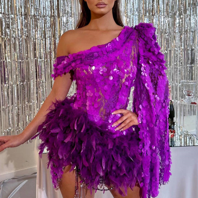 Jupe pourpre à plumes pailletées à une épaule Manche courte Robe de luxe Party Stage Performan