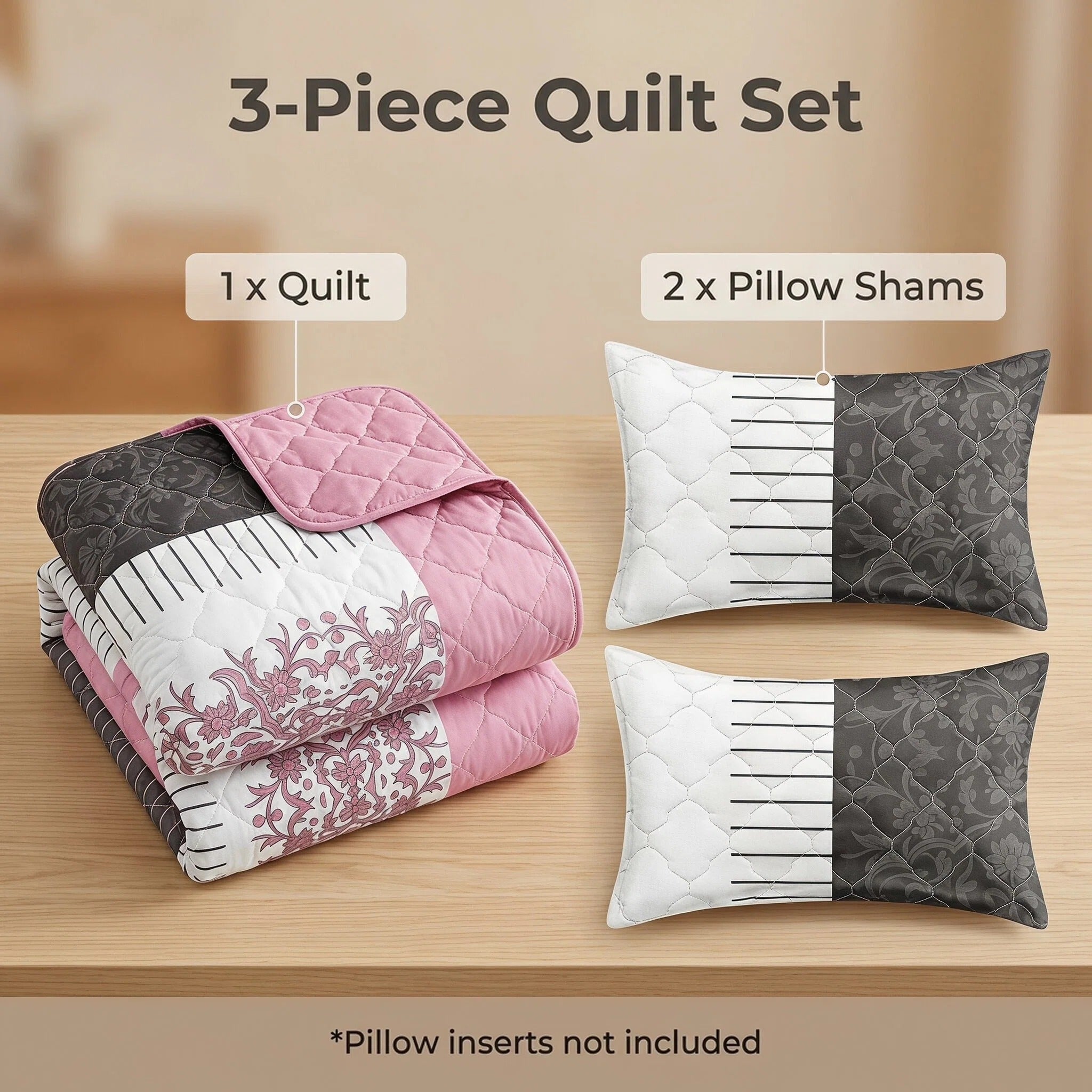 3-Piece noir blanc et rose Floral couvre-lit matelassé pour le roi de Californie