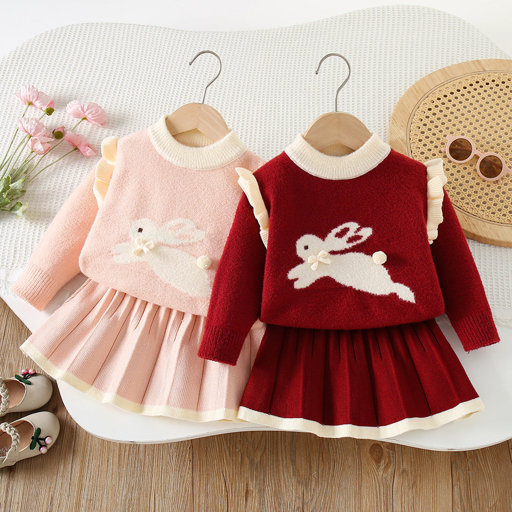 Filles Pull-over tricoté haut et jupe ensemble deux pièces