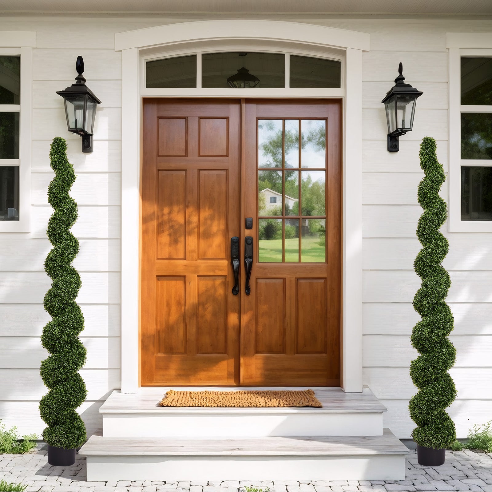 7FT Spiral Arbres topiaires artificiels à l'extérieur Faux Boxwood Plantes Grand Pot vert tordu