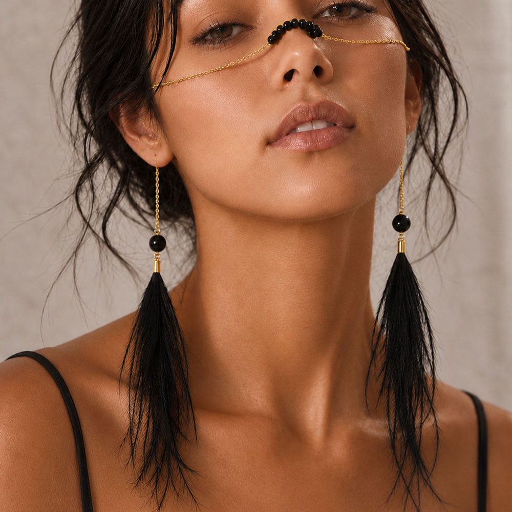 Feather Tassel Nez Chain Vintage Perled Style No Ear Piercing Required