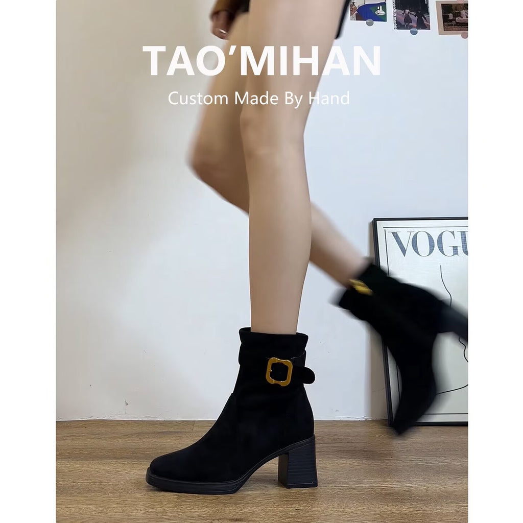 Bottes d'orteil carrées à talons hauts pour femmes