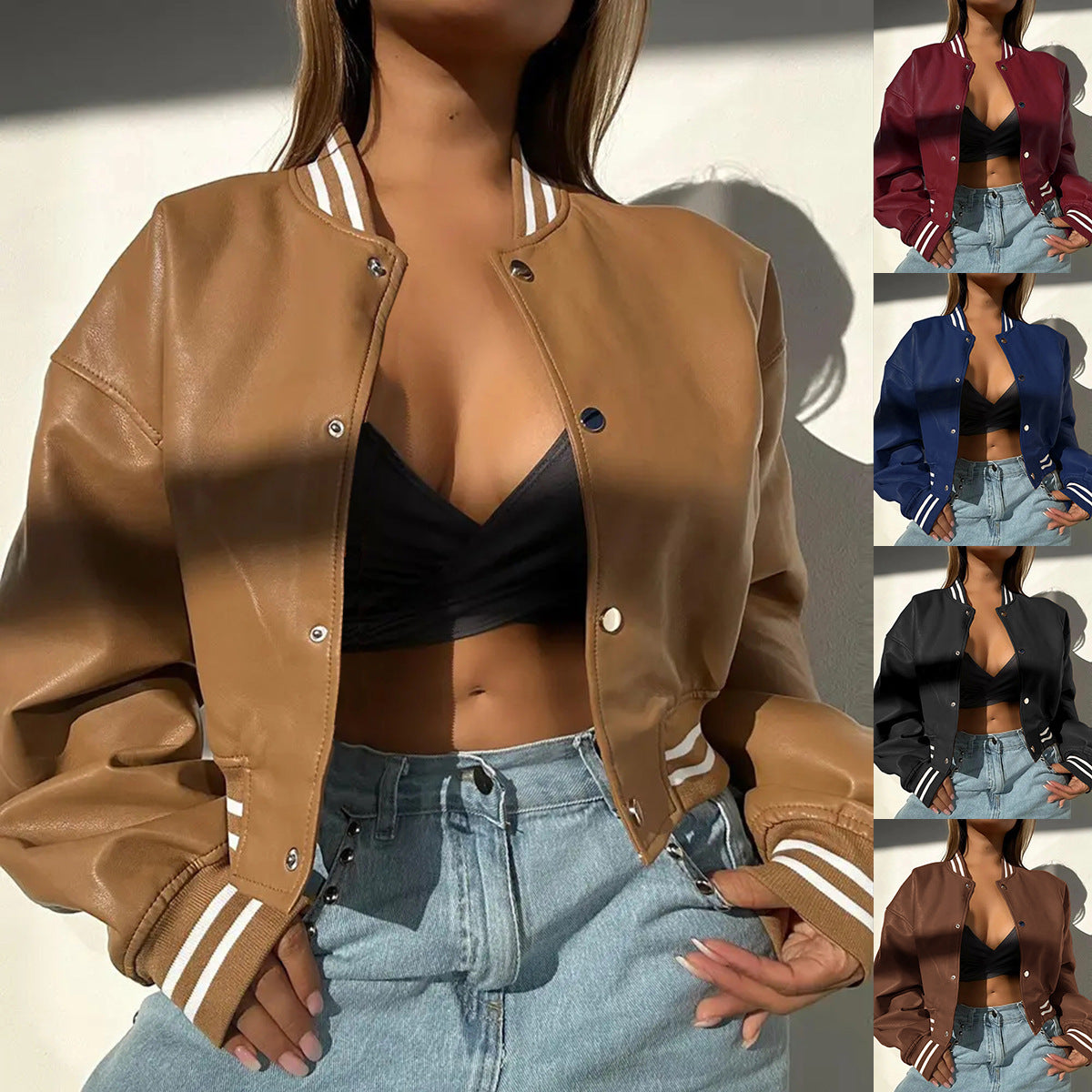 Magasin indépendant AliExpress Style manches longues mode moto PU veste en cuir petite